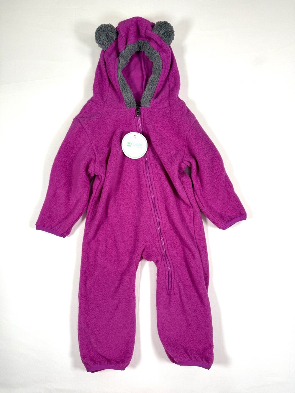 NWT CUDDLE CLUB Baby Fleece Bunting Suit Purple Gray Bear Ears Hood 6-12M NEW